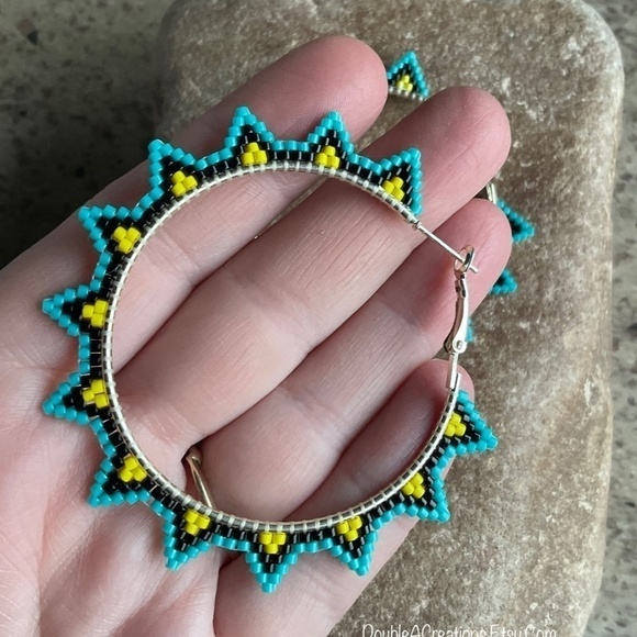 Turquoise and Yellow Sunburst 2” Beaded Hoops, New, Handmade by Me - Picture 9 of 9